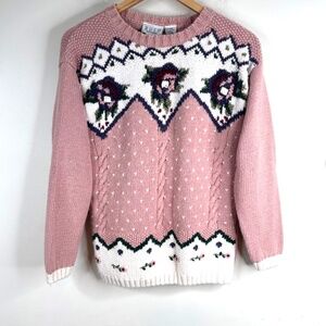 VTG 90s Russ Studio Sweater S Pink Floral Embroidered Cable Knit Cottage Granny